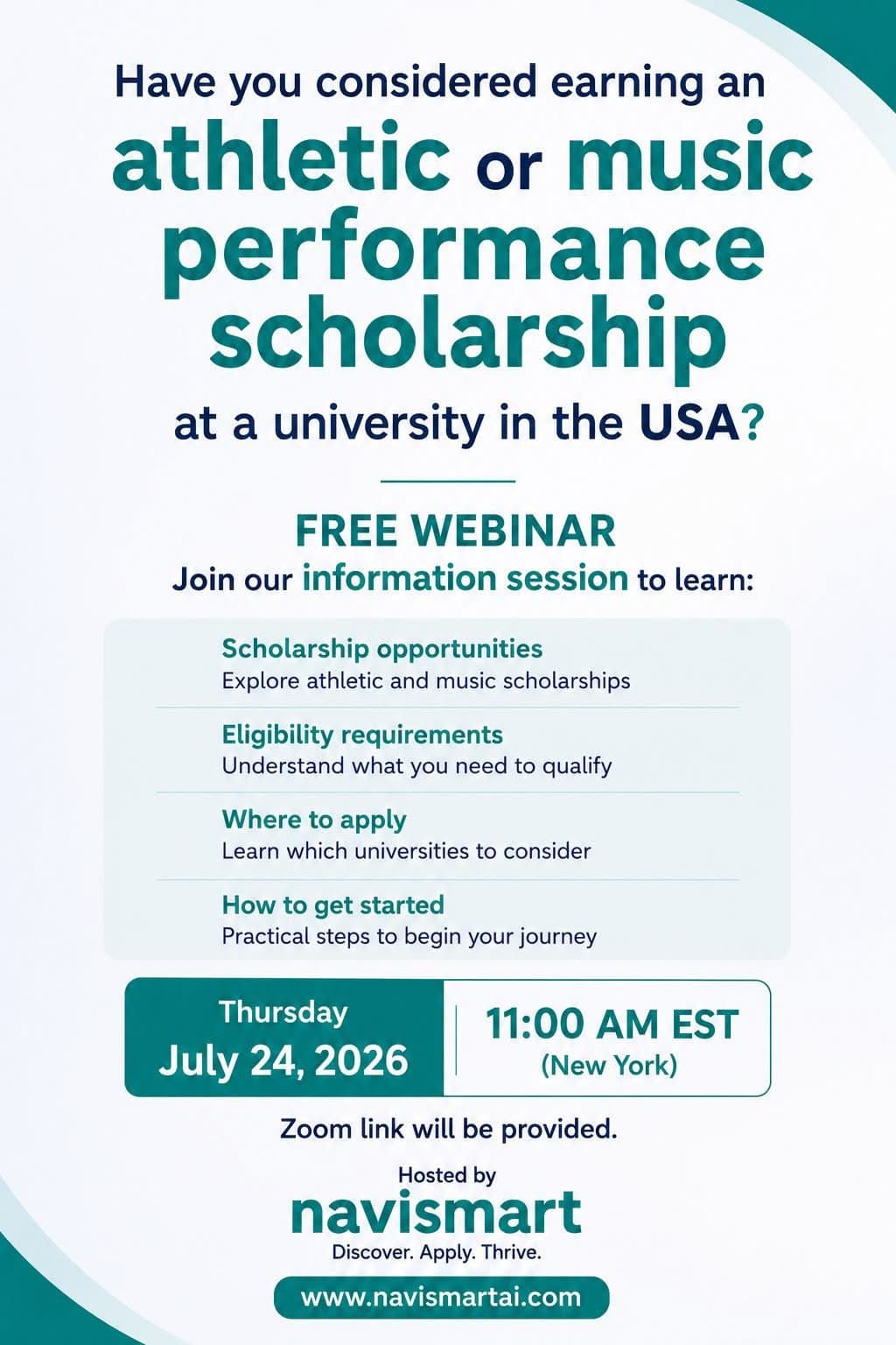 Athletic or music performance scholarship webinar — study in the USA